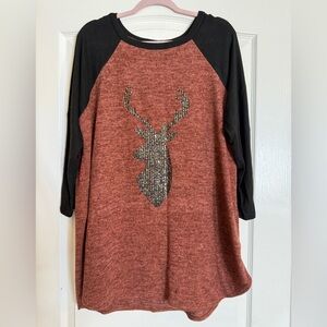 V.en Style Women’s Rust and Black Deer Fall / Holiday Sequin Raglan Top Tunic 3X